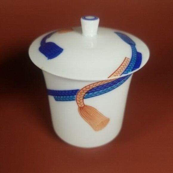 Japanese Tea Cup Mugs With Lids, Tassel Print Blue And Orange Two Sizes Lot of 2 - Picture 6 of 11